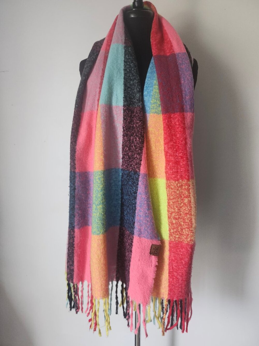 Bright Neon BK Over Size Blanket Scarf Colourblock Check Squares + Tassels